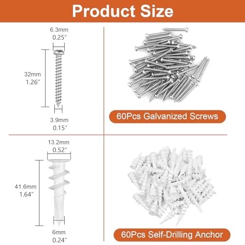 60 or 120pcs #8 Self Drilling Drywall Anchors, Premium Wall 120Pcs, white