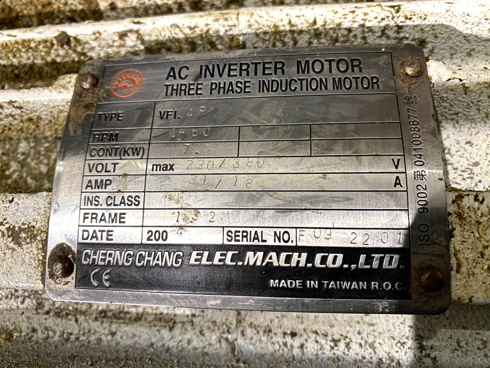 Cherng Chang VFI.4P AC Inverter Induction Motor 3-Phase 1450RPM 220/380V 31/18A