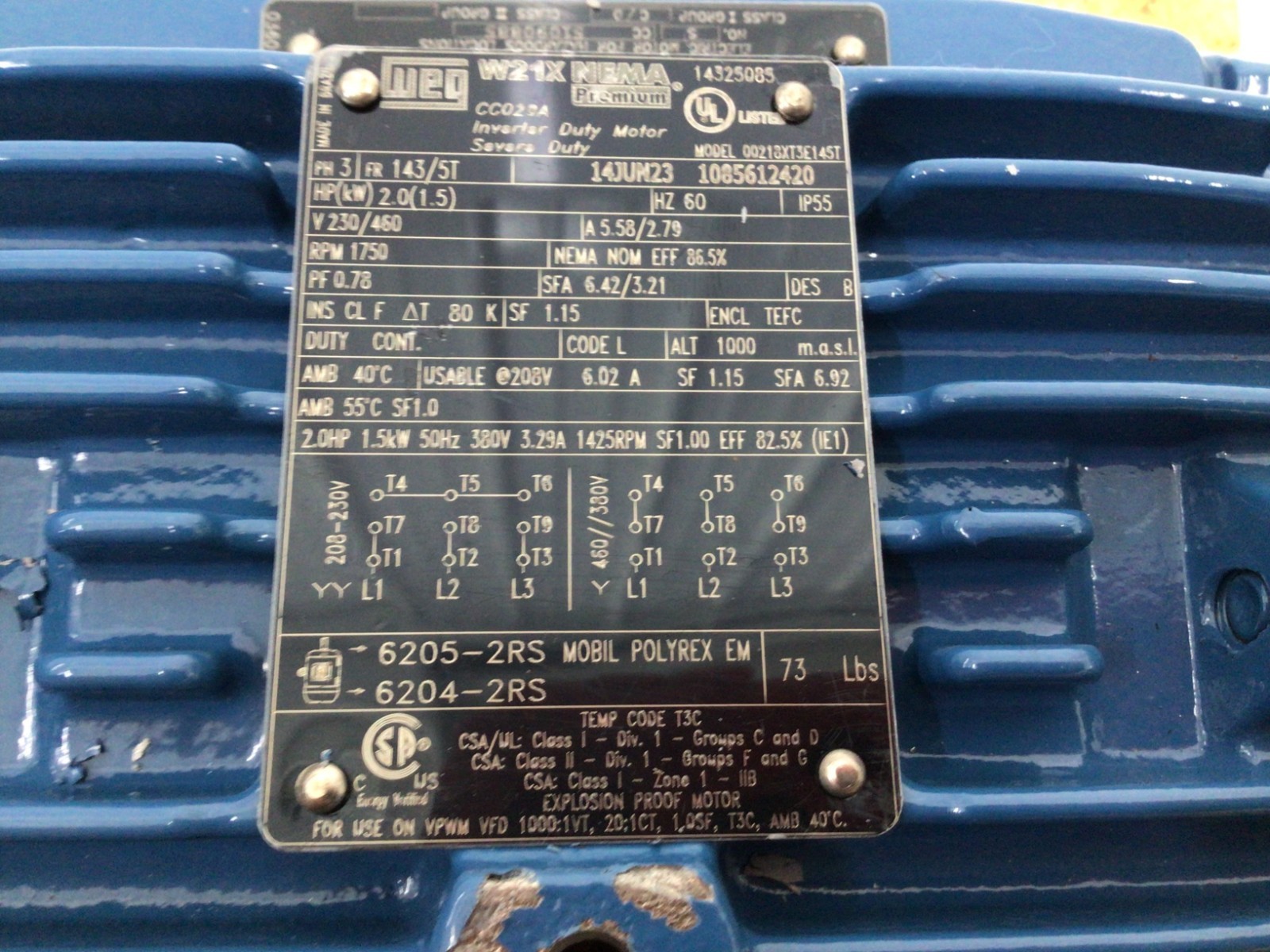 WEG 00218ET3E145T-W22 Electric Motor 11416577 3ph 2hp 230/460V 1750rpm 145T TEFC