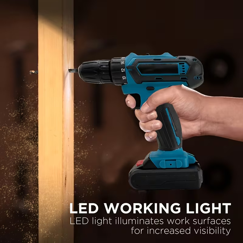 Rechargeable Electric Drill, Equipped with Drill, LED Lighting, Portable Multi