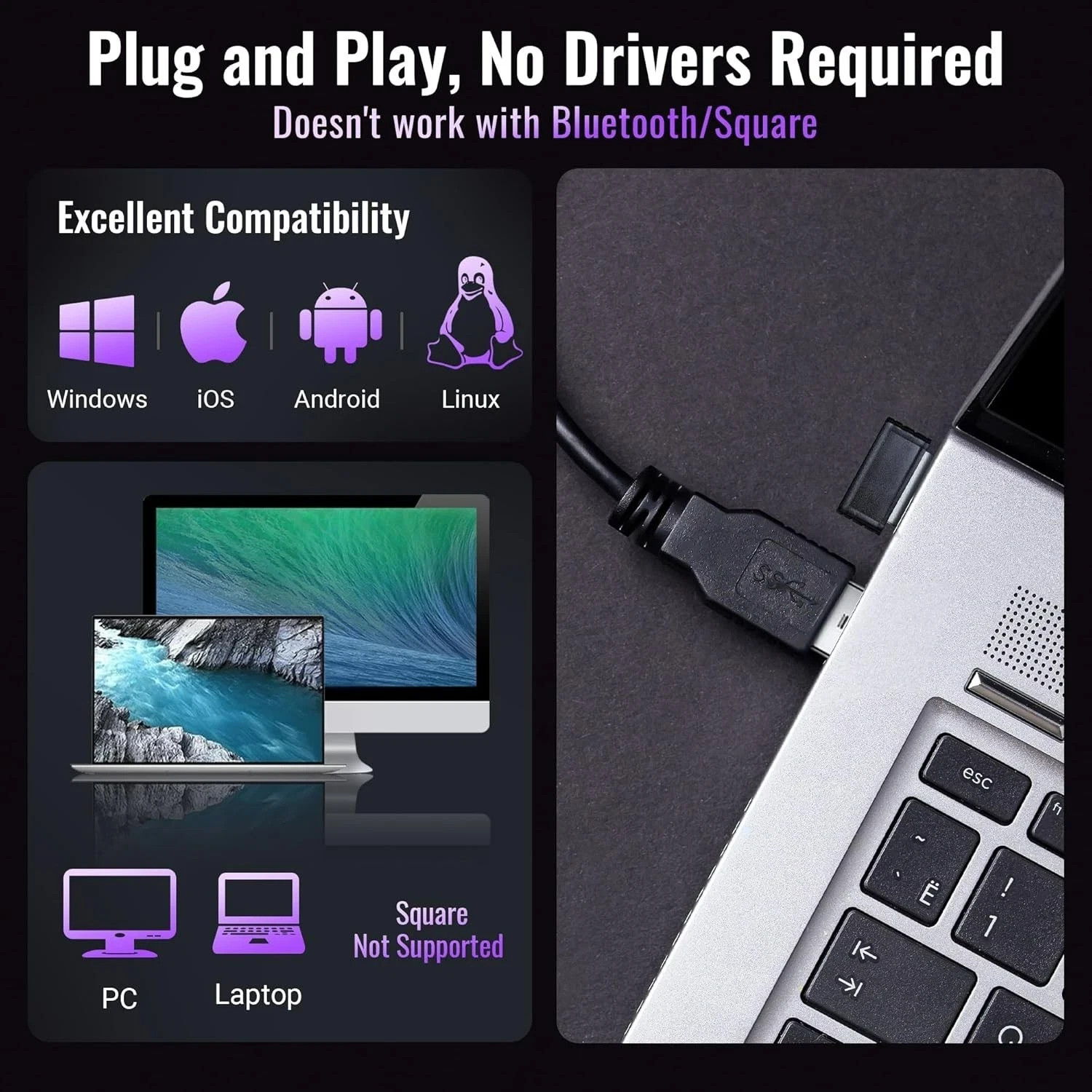 Tera Wireless 1D Laser Barcode Scanner (2.4Ghz Wireless+USB 2.0 Wired) Purple