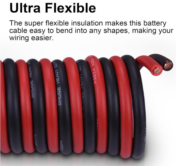 Cable de Batería 2 AWG, 15FT Rojo + 15FT Negro, Cobre Sin Oxígeno, para Automóvi