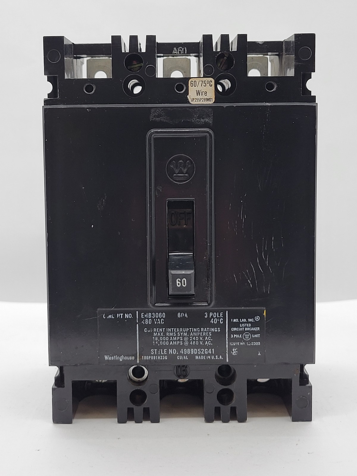 Westinghouse EHB3060 Bolt-On Circuit Breaker 60A 3P 3PH 480V 14KA EHB