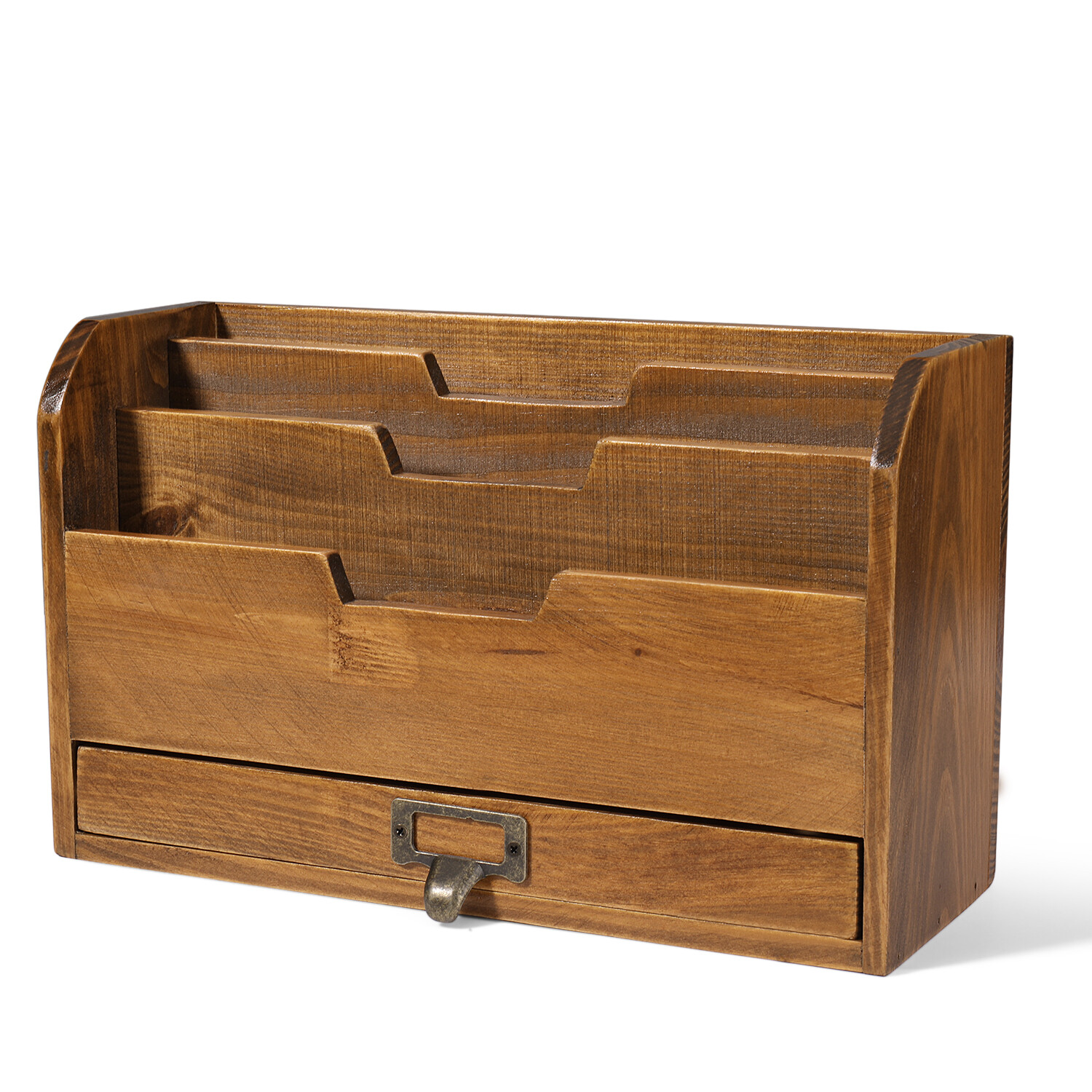 3 Tier Wooden Desk Organizer – Rustic Slot Sorter Shelf Holder with Drawer