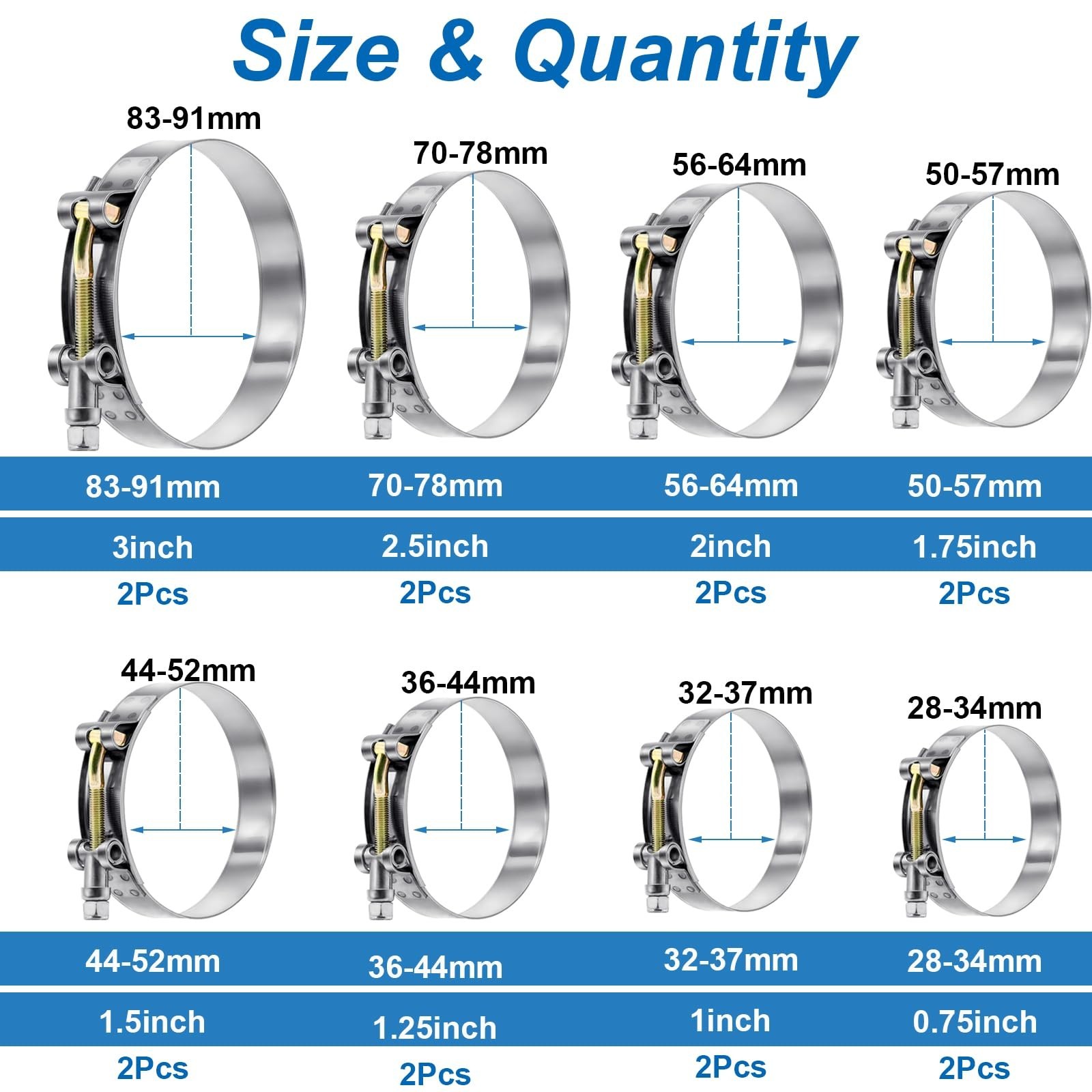 Stainless Steel T Bolt Hose Clamps 16 Piece Set 28-91mm for 3/4 to 3 Inch ID Use