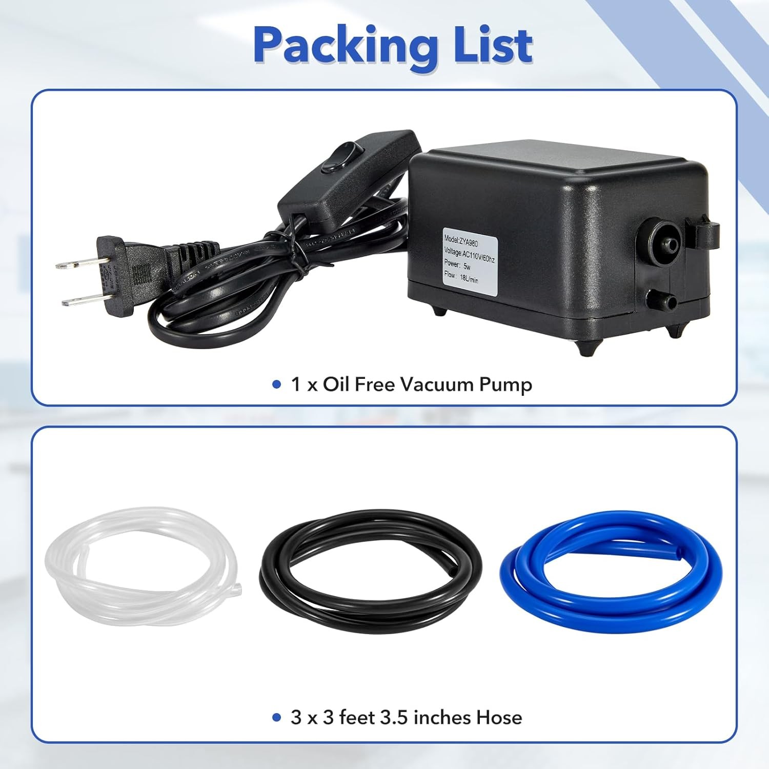 Vacuum Pump 16-18 L/Min with Switch, Oilless Lab Pump w/ 3 Hose Sizes 110V 60Hz