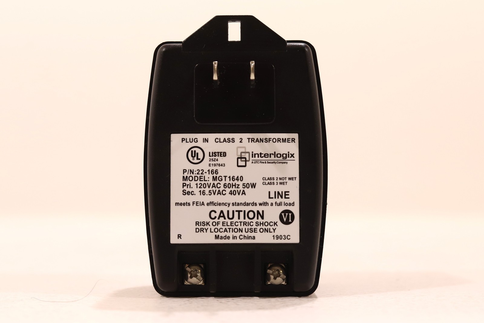 Interlogix MGT1640 16.5VAC 40VA Class II Plug-In Transformer P/N:22-166 Open Box
