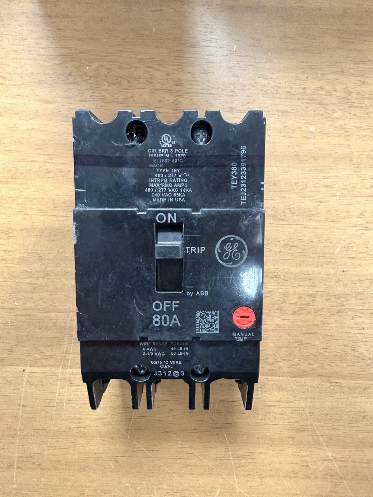 GE ABB TEY380 3 POLE 80 AMP 480/277V TYPE TEY BOLT ON CIRCUIT BREAKER