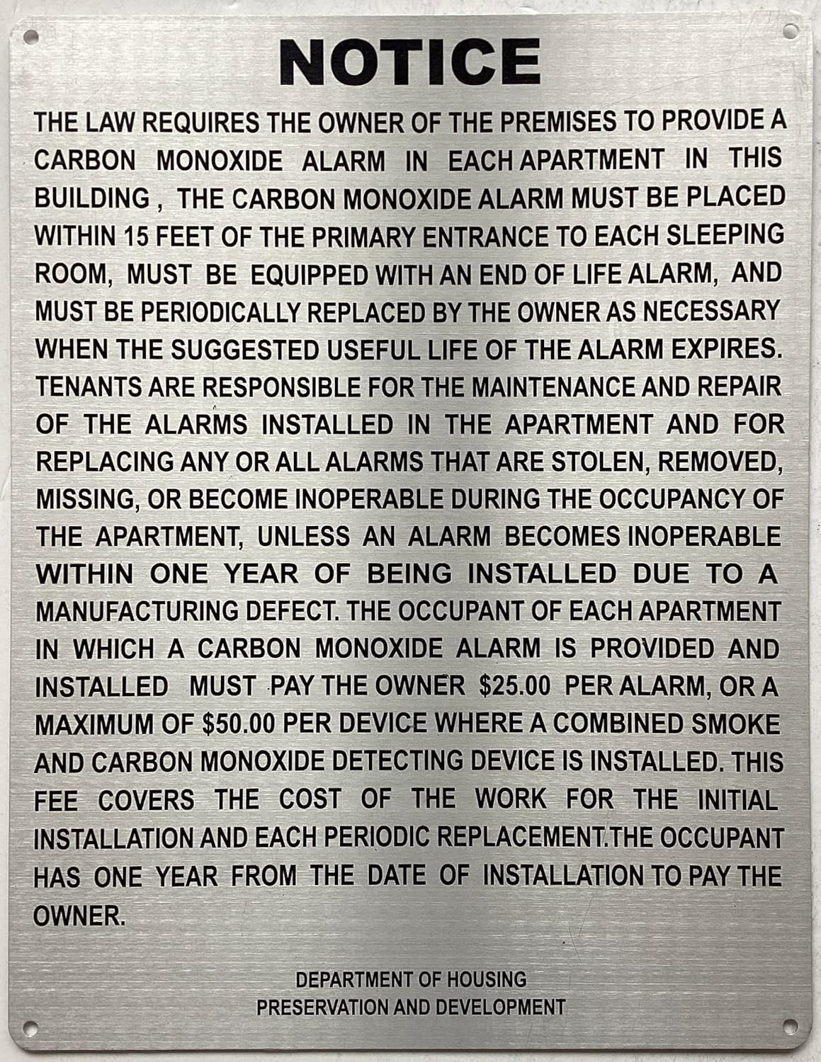 CARBON MONOXIDE DETECT HPD SIGNS, SILVER ALUMINIUM. THE MOO LINE-(8.5X11 INCH)-S