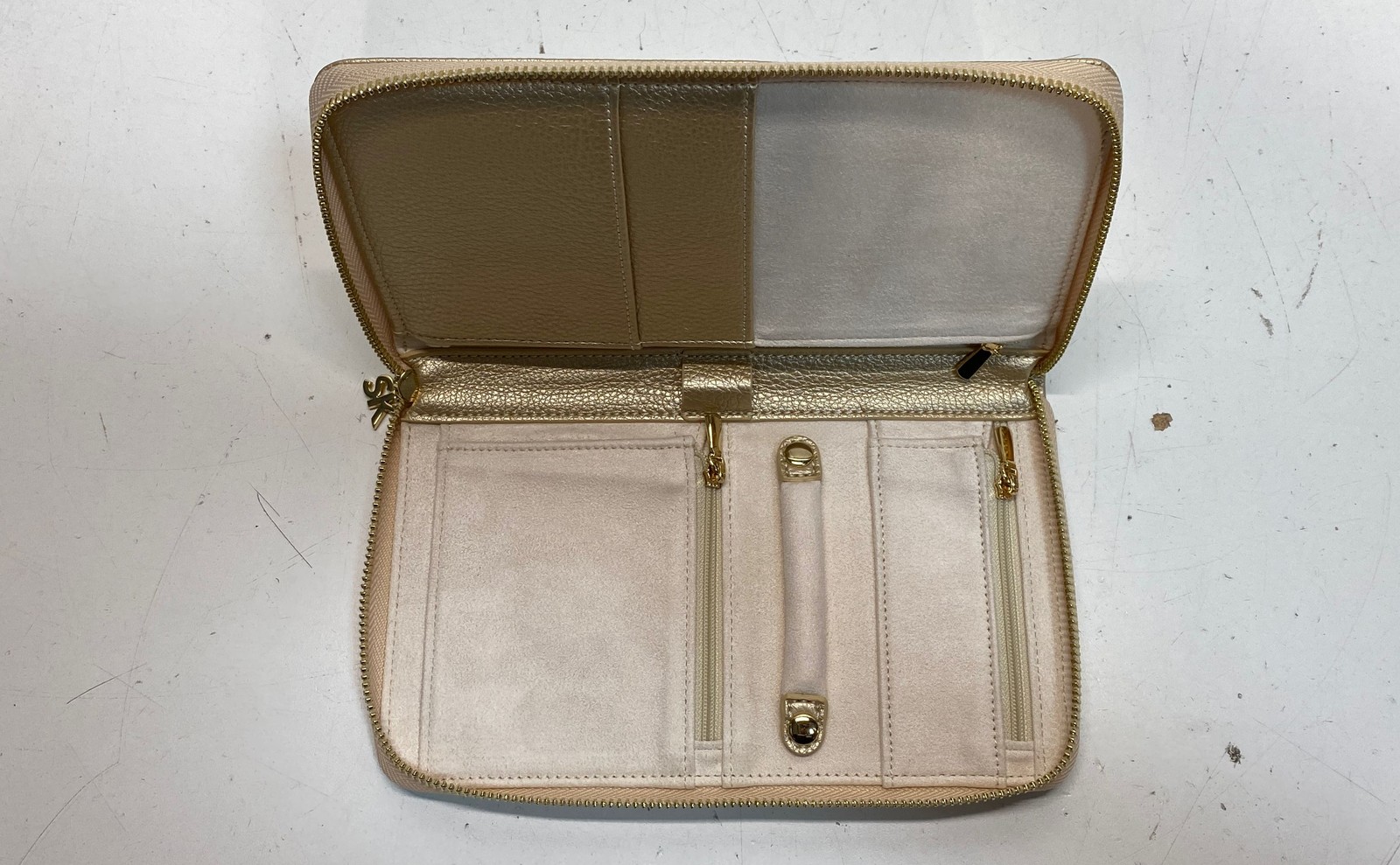 Suzanne Kalan Metallic Gold Pebbled Leather Jewelry Travel Case Set Box Dust Bag