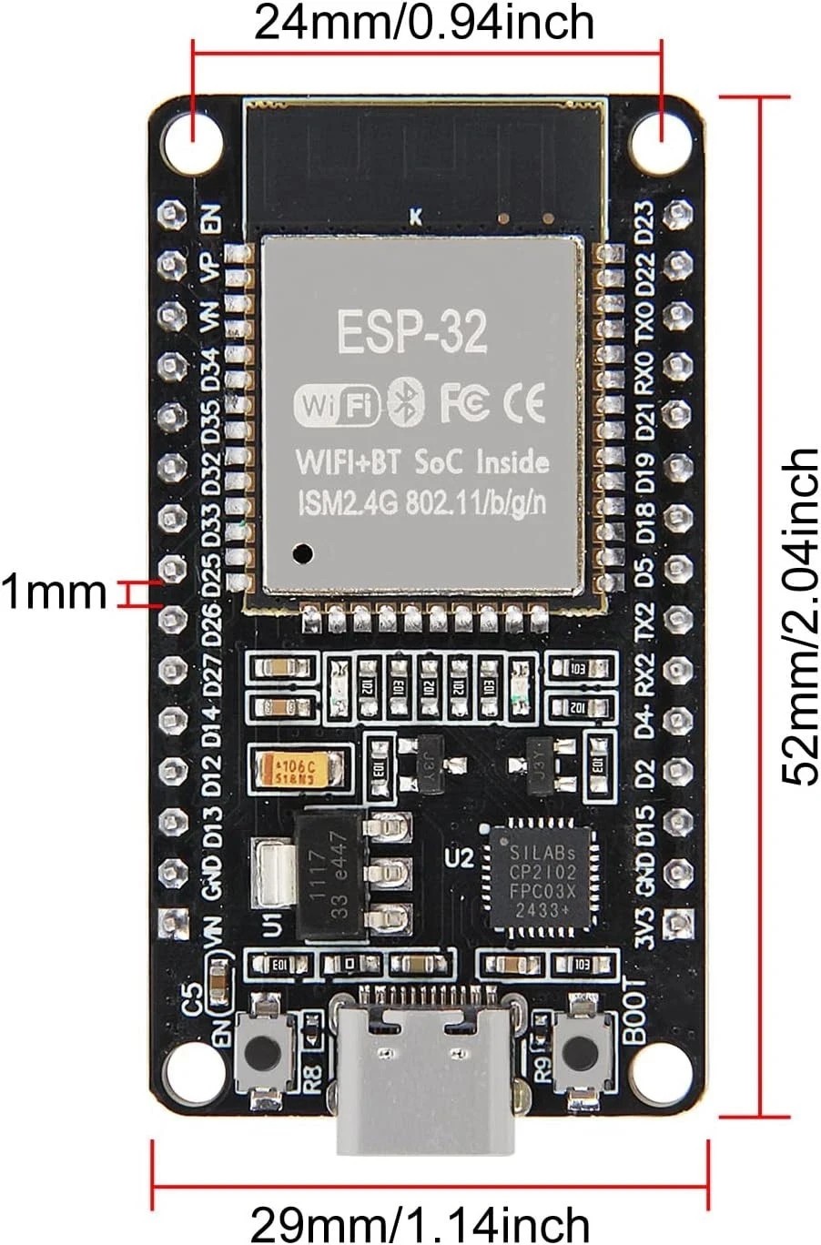 ESP32 ESP-WROOM-32 Wifi and Bluetooth Development Board, 38-Pin, with USB Type-C