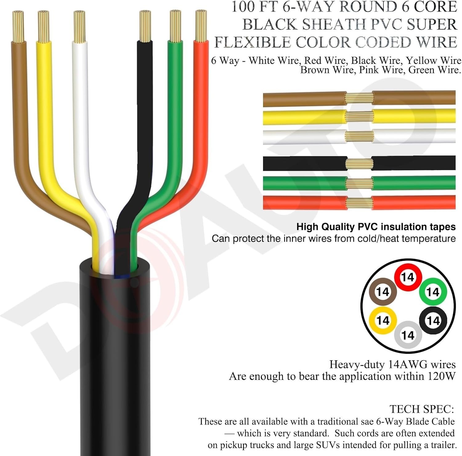 100 Foot Heavy Duty 14AWG 6 Way Round Conductor Wiring RV Trailer Cord Harnes…
