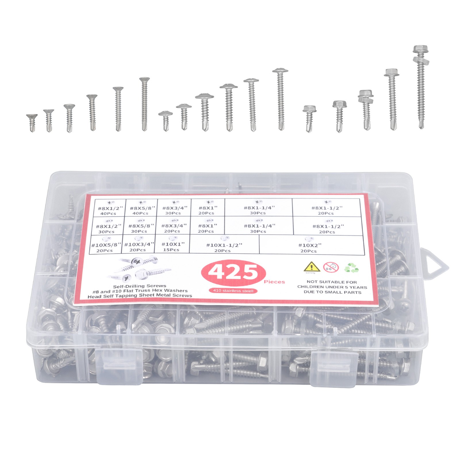 425PC 410 Stainless Steel Self-Tapping Screws #8#10 Self-Drilling Assortment Kit