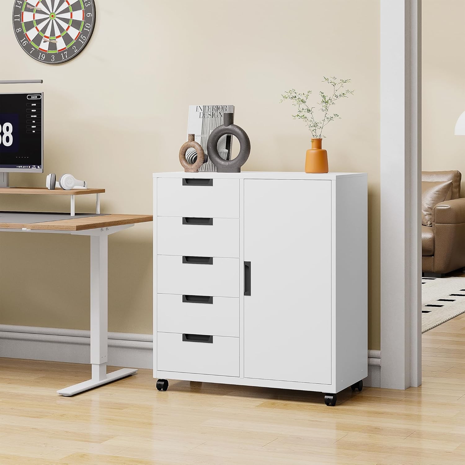 Office Storage Cabinet 5 Drawer Metal with Wheels Printer Stand White