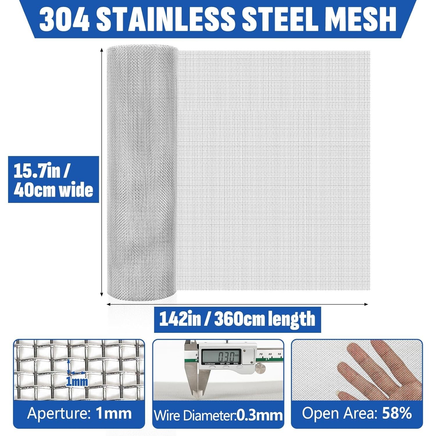 20 Mesh 304 Stainless Steel Mesh Screen, 15.7” x 142”40cm x 360cm Wire Scre…