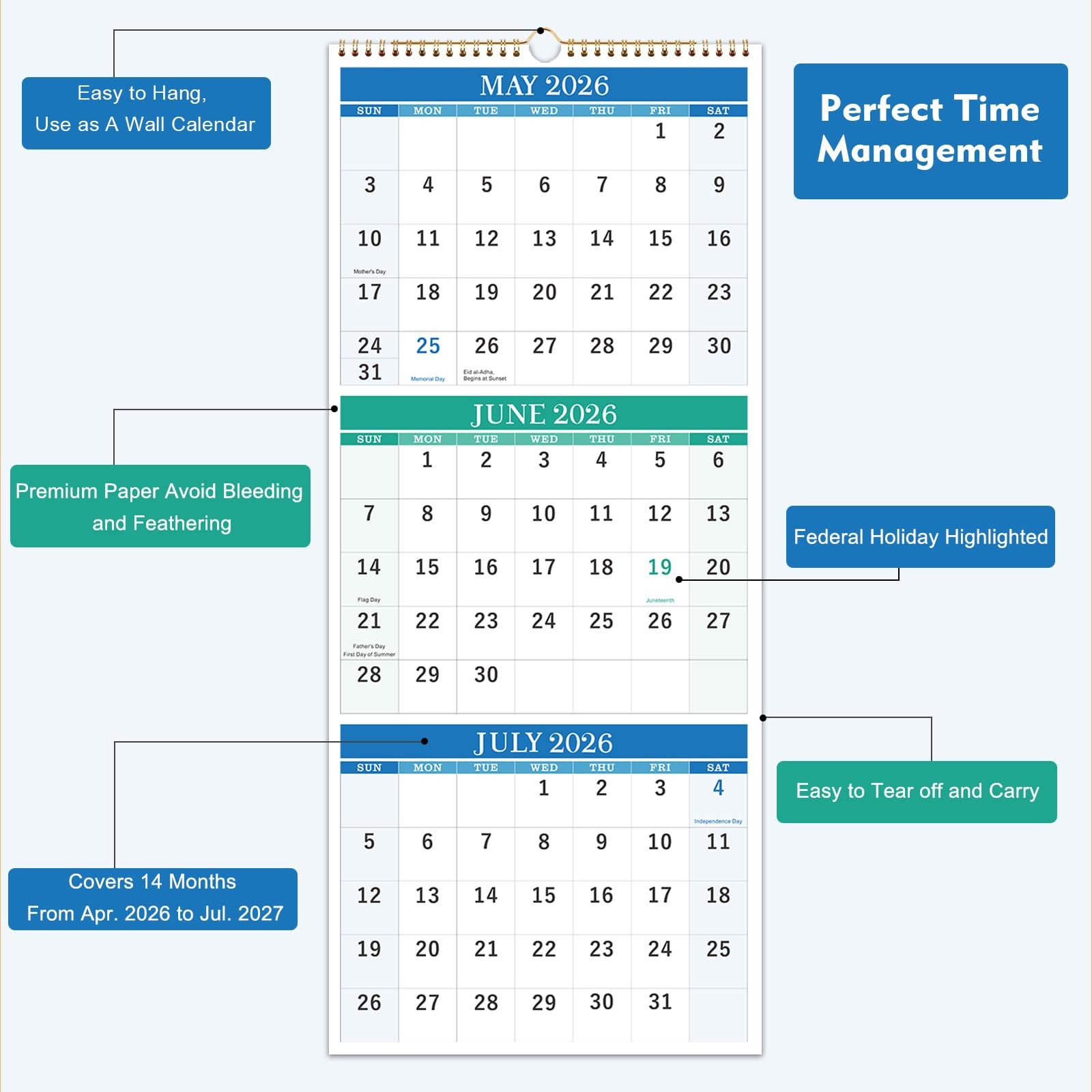 Wall Calendar 2026-2027 – 3 Month Vertical, April 2026 multicolored