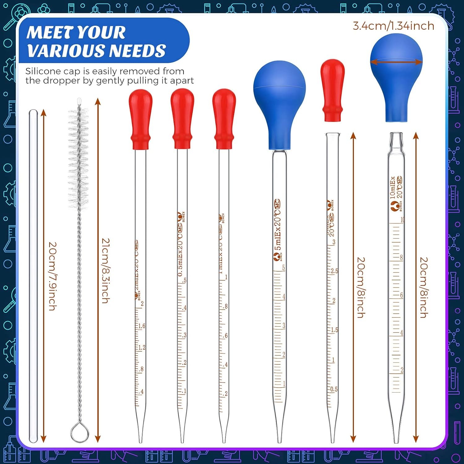16 Pcs Glass Graduated Dropper 2 Pcs 0.5 ml to 10 ml +2Pcs 8″ Rod+Cleaning Brush