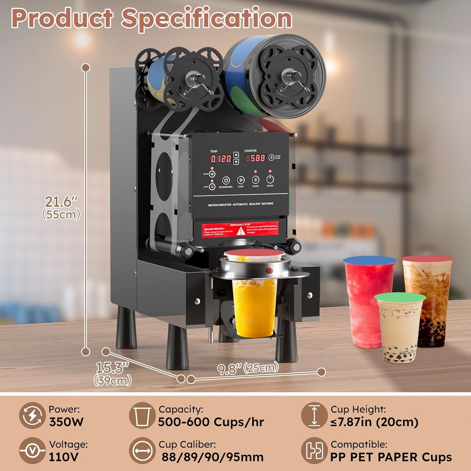 Automatic Cup Sealing Machine 600 Cups/H For 88-95mm Bubble Tea Coffee Juice