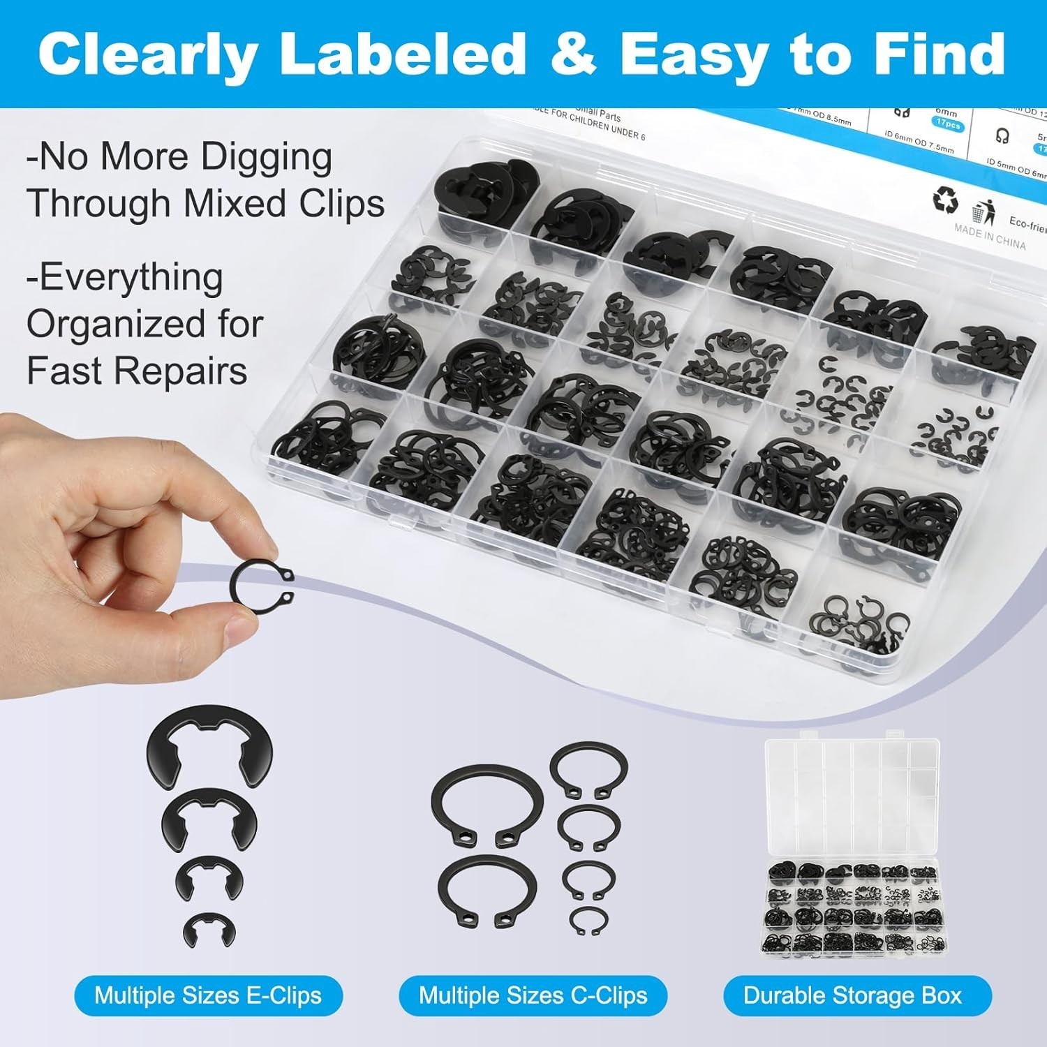 324Pcs C Clips & E Clips Assortment Kit 24 Sizes C Clip 5mm–16mm & E Clip