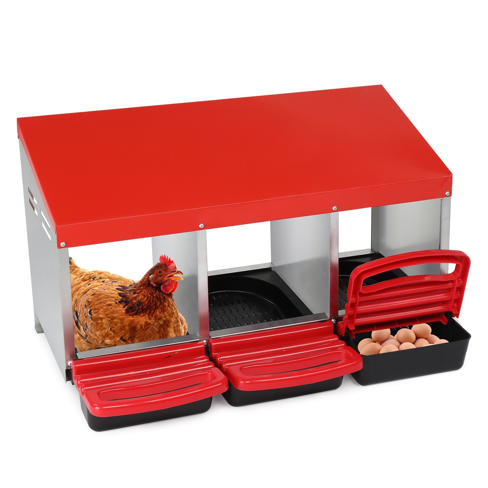 3 Compartment Roll Out Chicken Egg Nesting Box w Plastic Basket Laying Hens Coop