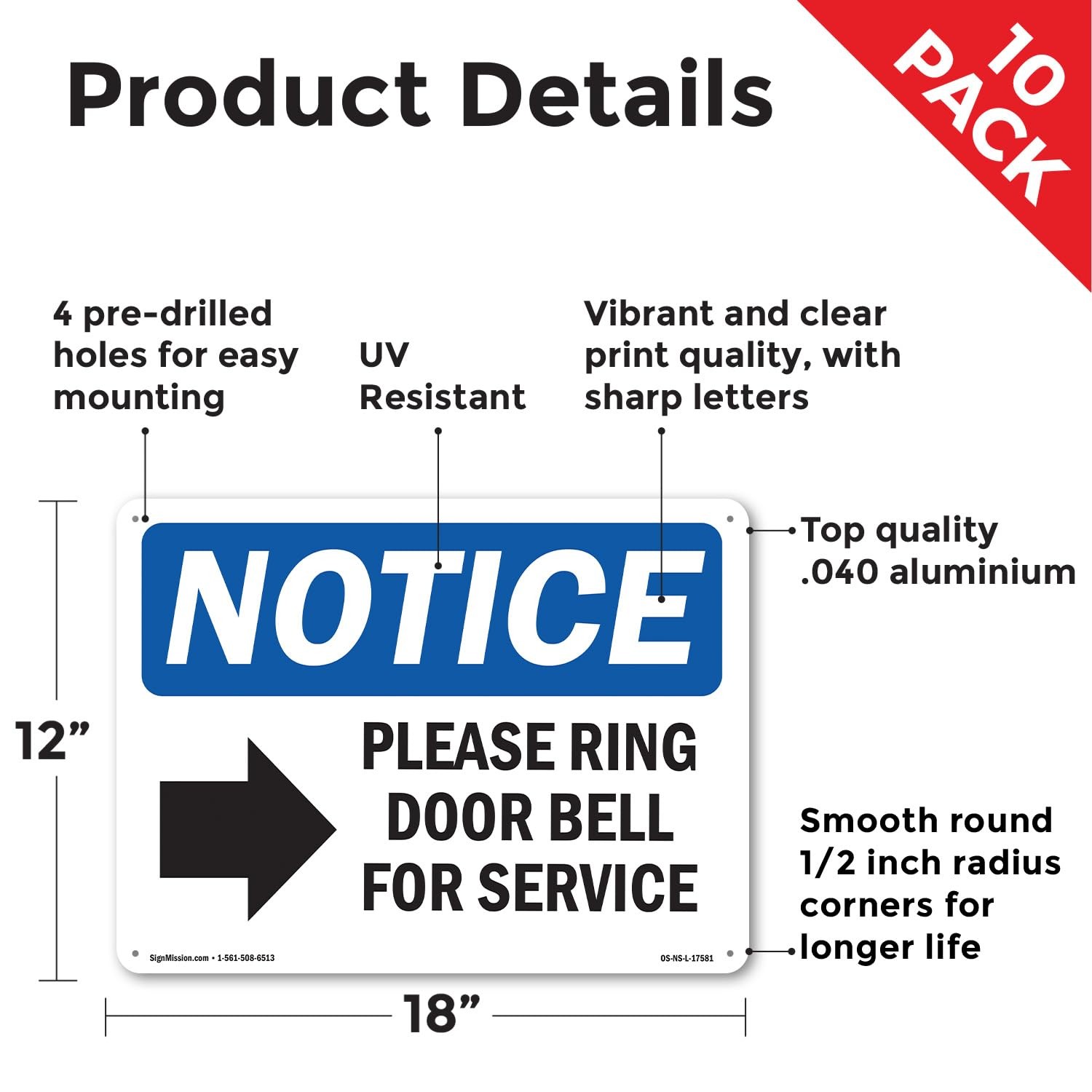Please Ring Door Bell For Service OSHA Notice Aluminum Sign 18 Inch x 12 Inch…