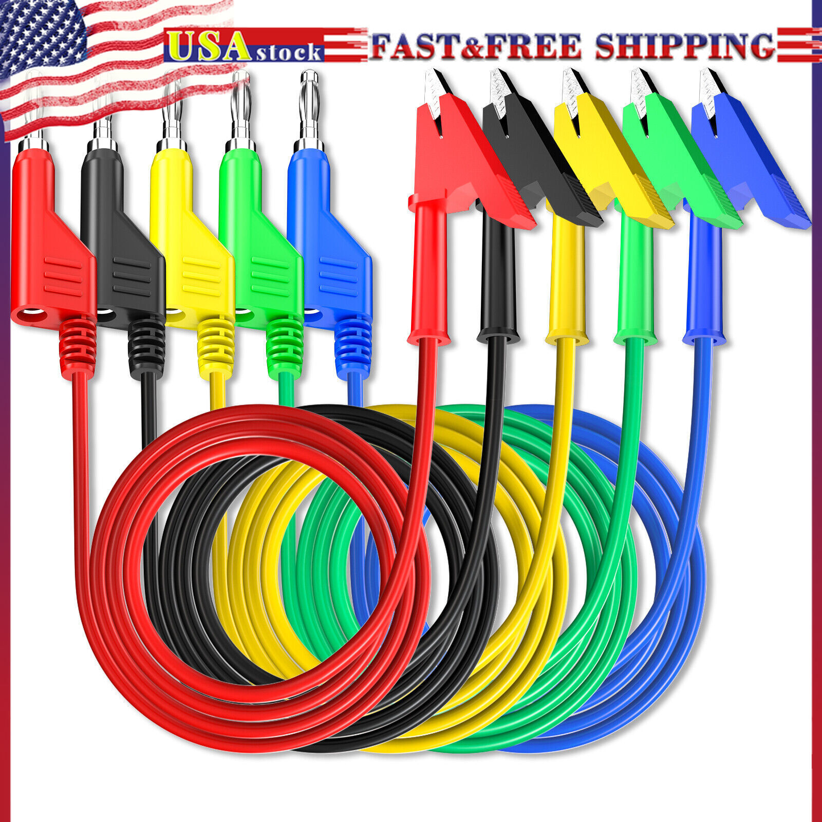 5PCS Test Lead 4mm Stackable Banana Plug to Crocodile Alligator Clip Cable
