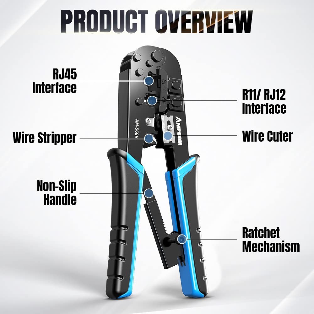 RJ45 Crimping Tool, 8P/6P-RJ11, RJ12 Crimper Cutter Stripper AM-568R