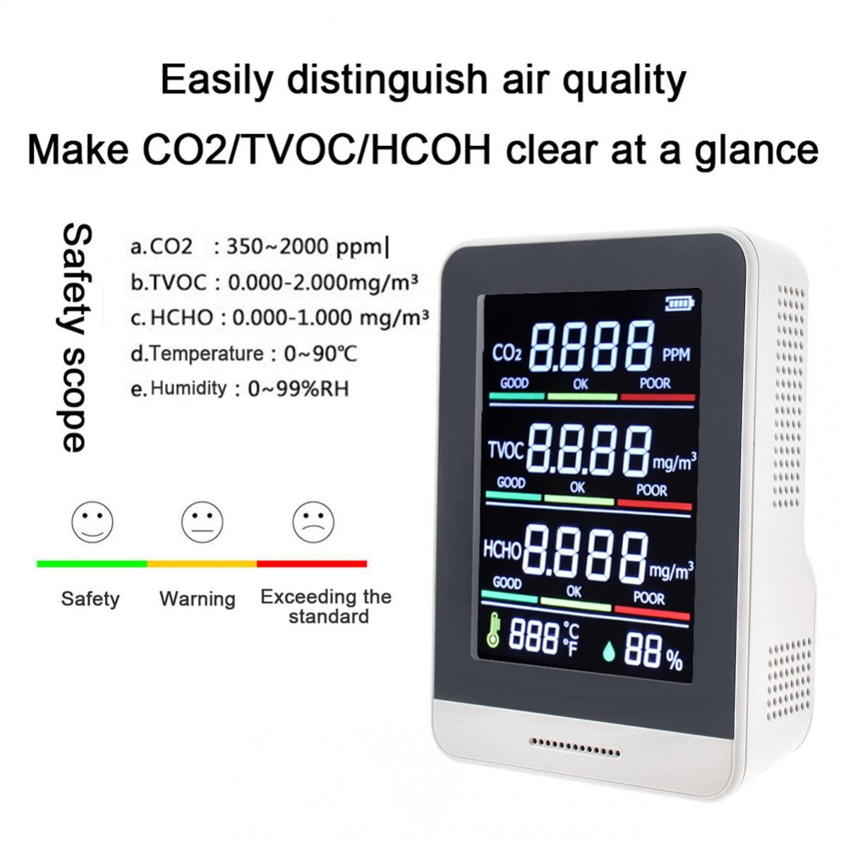 New 5 In 1 Air Monitor CO2 HCHO TVOC Portable Gas Analyzer Infrared Temperature