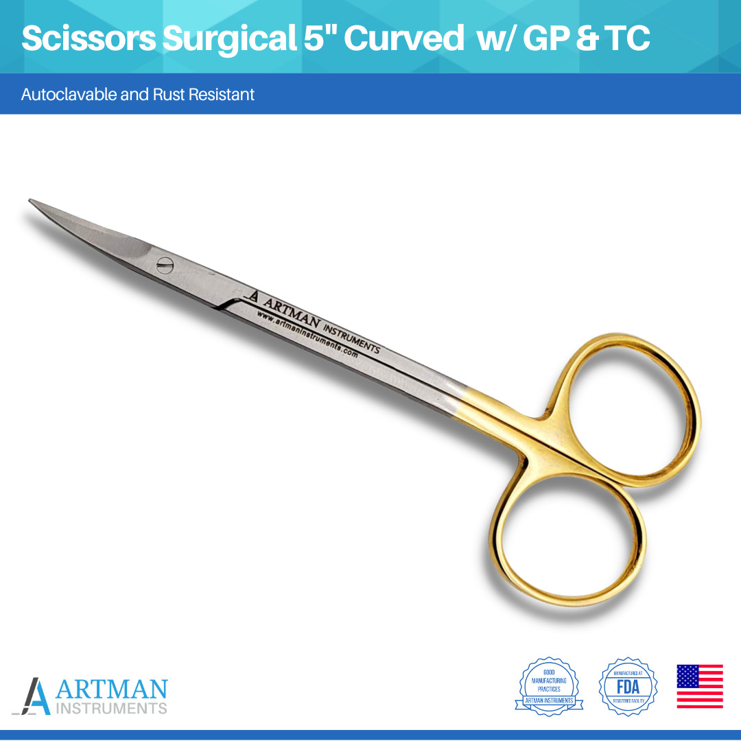 Scissors Surgical 5″ Curved Gold Plated Handle Tungsten Carbide ARTMAN