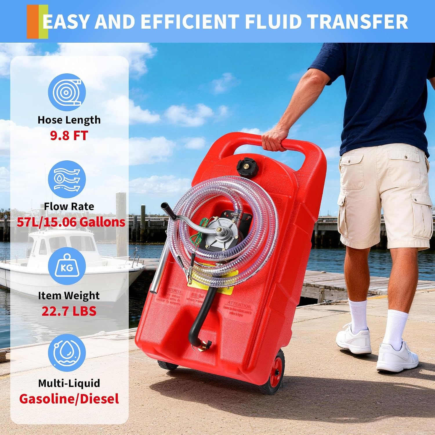 15 Gal Portable Fuel Caddy Gas Storage Tank Container Manual Pump 10 ft Hose