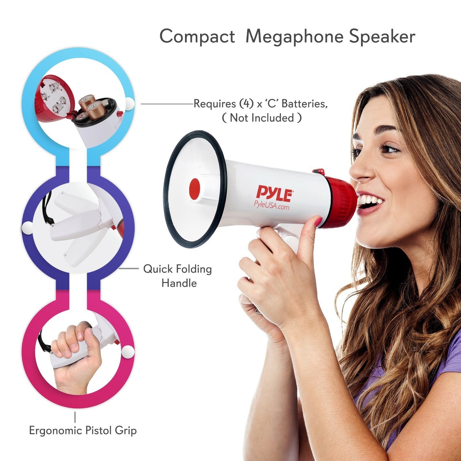 Pyle Compact Megaphone Speaker Battery Operated Siren Alarm Mode Volume