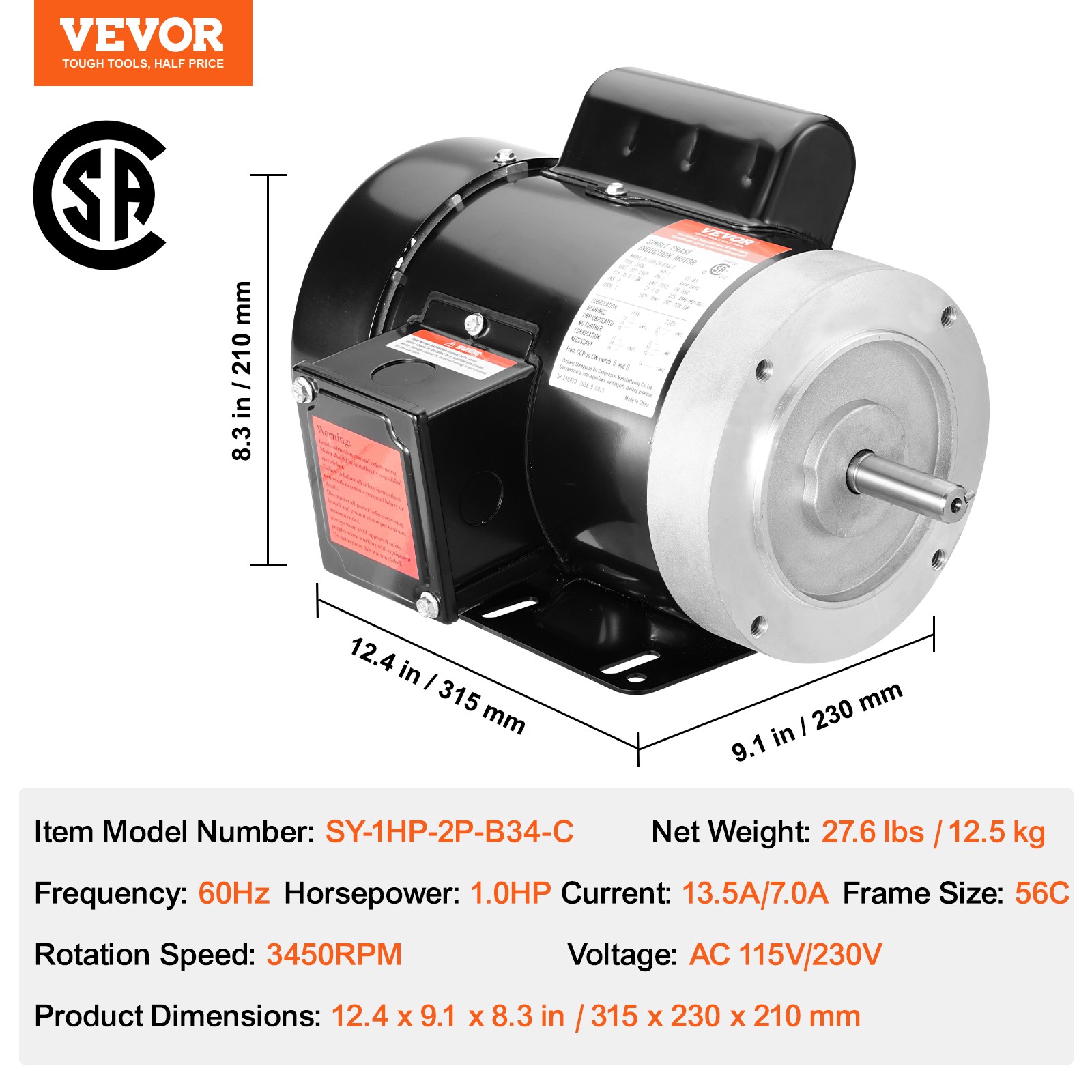 VEVOR 1HP Electric Motor 3450RPM AC115V/230V 56C Frame 1-Phase 5/8″ Keyed Shaft
