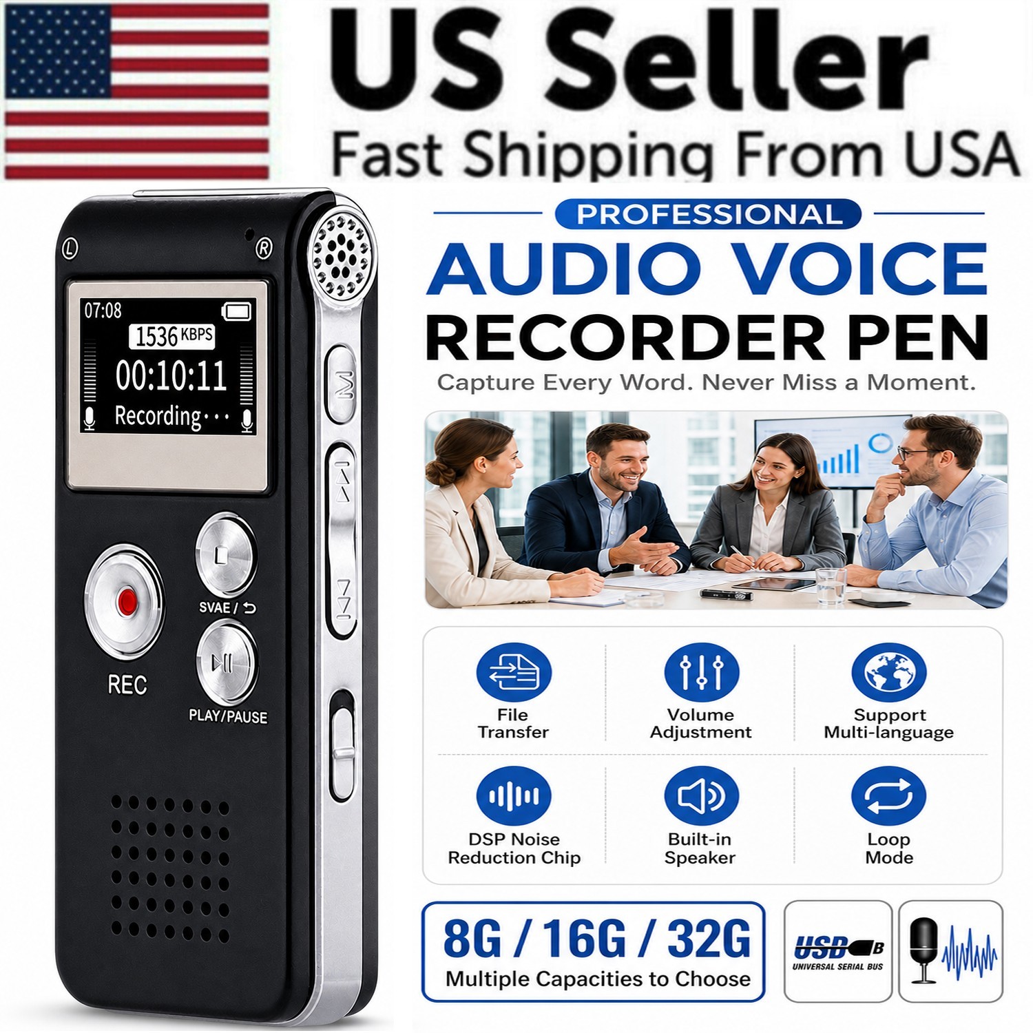 Digital Voice Recorder Dictaphone MP3 WAV Audio Recorder USB MP3 Player Lecture