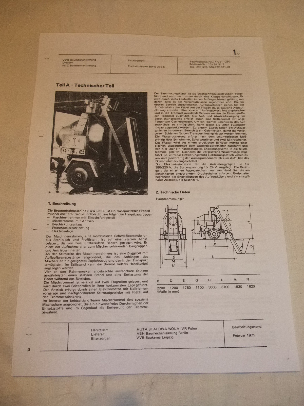 GDR advertising brochure data sheet free fall mixer BWW 252 E VR Poland 1971