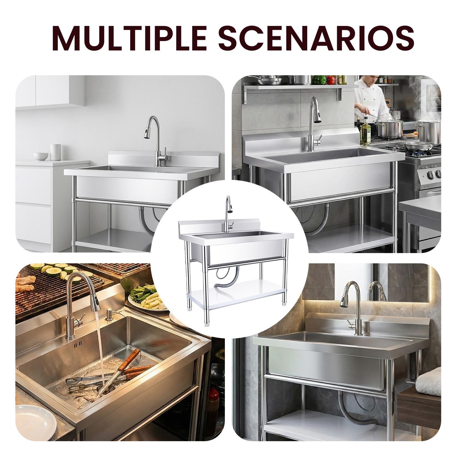 Stainless Steel Commercial Restaurant Sink 40inch Utility Sink w/Pull-out Faucet