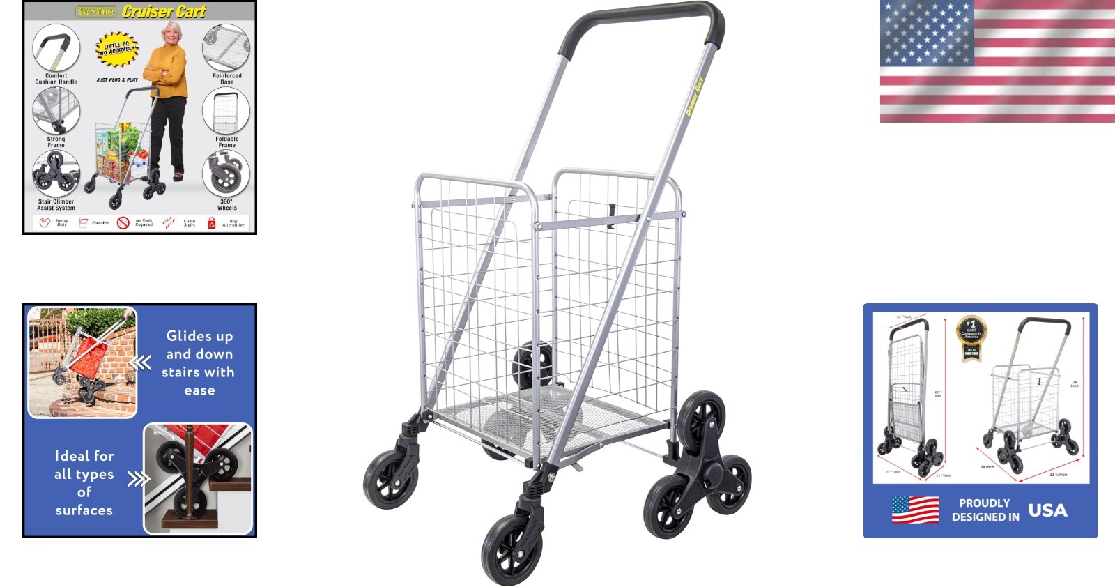Silver Folding Stair Climber Cart with 6 Wheels: Ideal for Grocery & Laundry Use