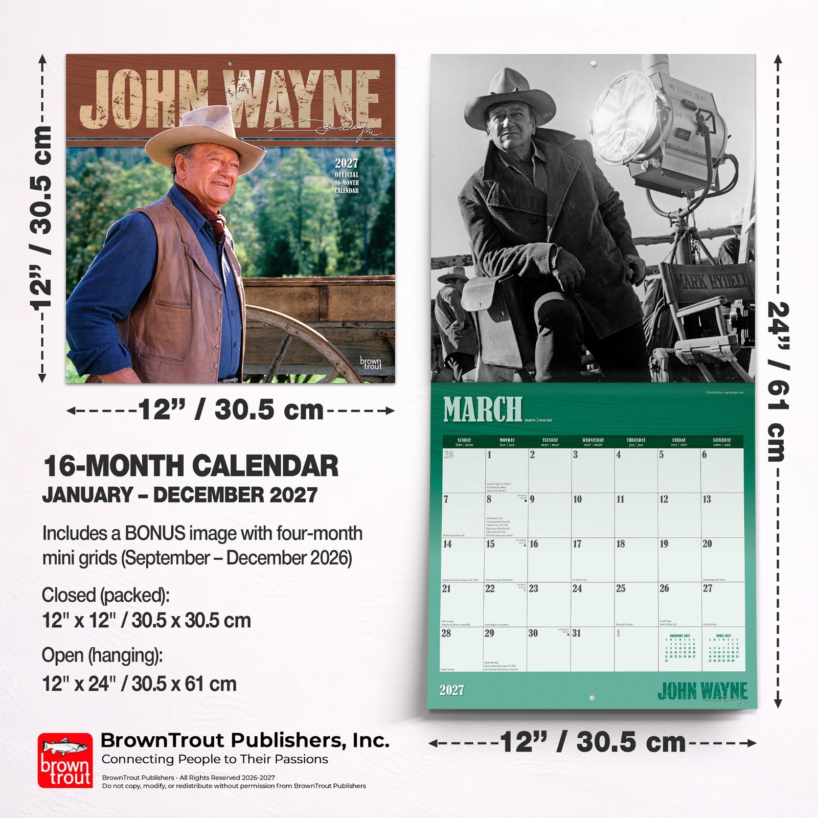 John Wayne OFFICIAL | 2027 12×24″ (Hanging) Wall Calendar | Foil Stamped Cover