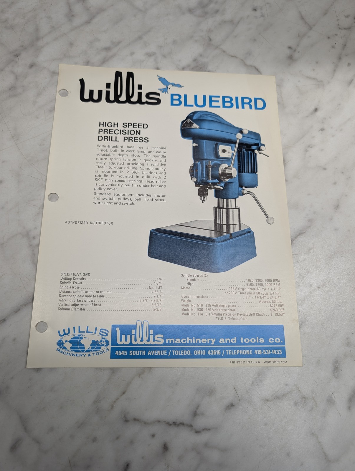 WILLIS BLUEBIRD HIGH SPEED PRECISION DRILL PRESS SPECIFICATIONS MODEL NO 516 536