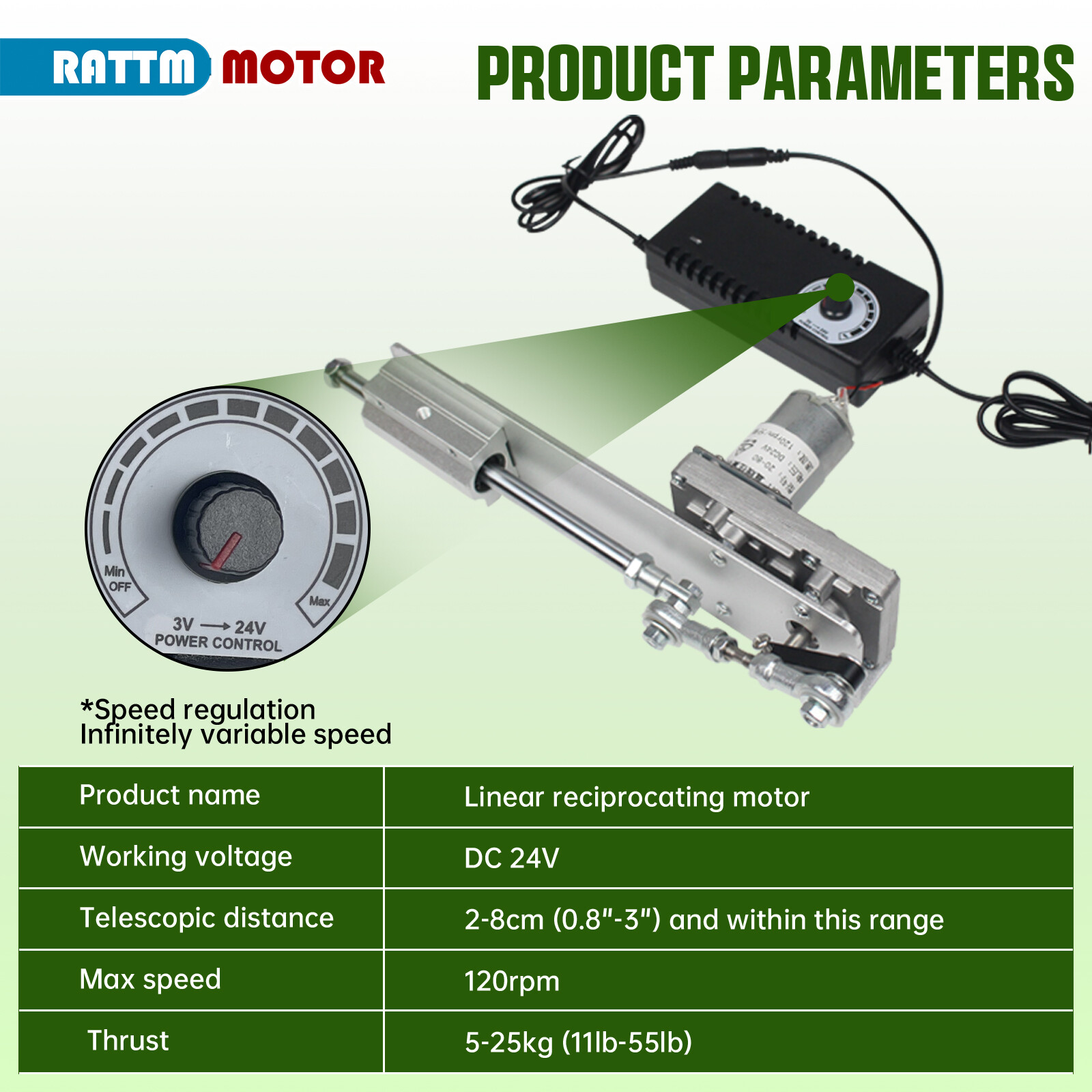 Linear Actuator Reciprocating Motor Variable speed Stroke 80mm/150mm 24V 120RPM