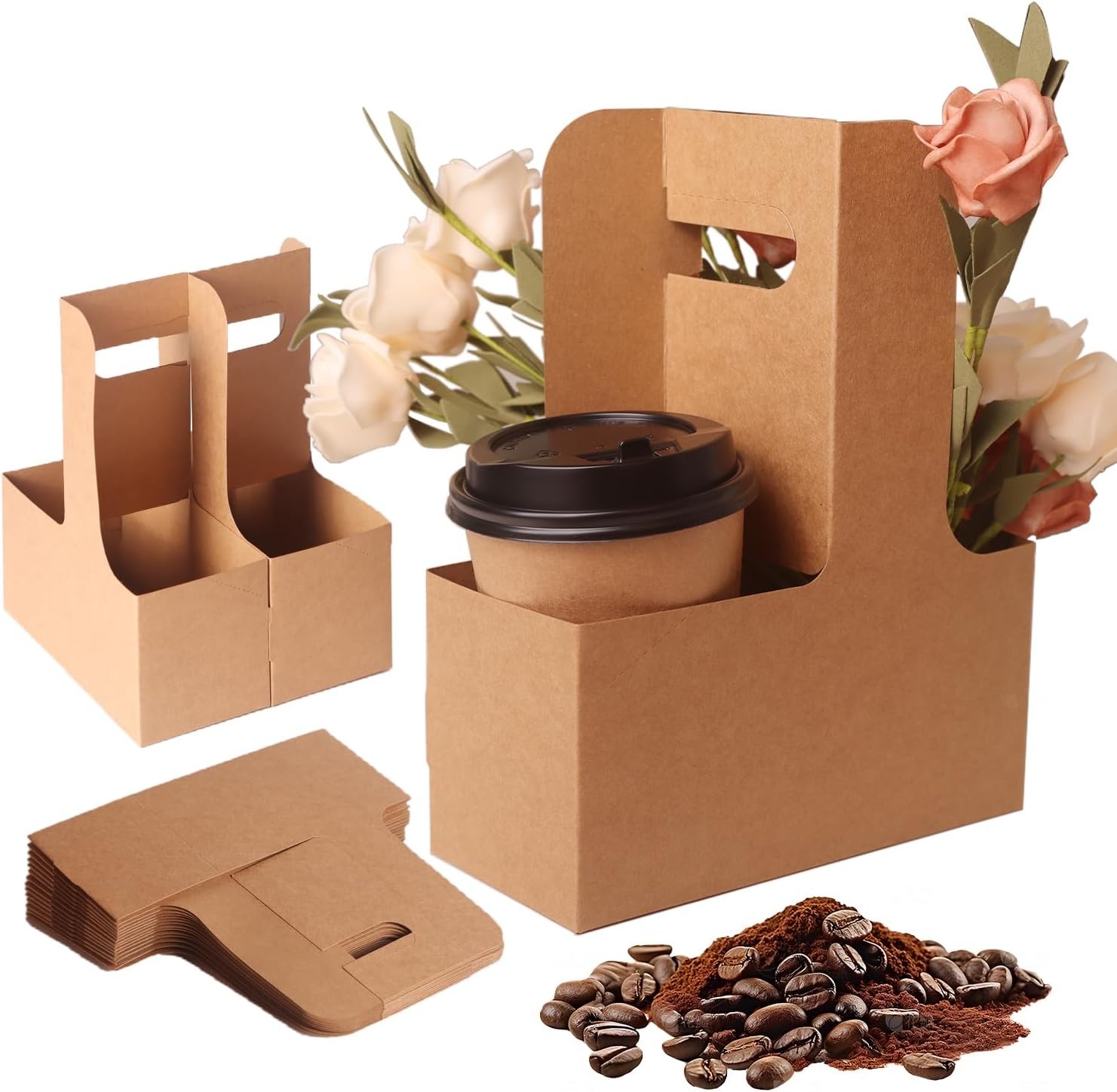25 Pack 2-Cup/4-Cup Drink Carrier with Handle (12-30oz) | Disposable Paperboard