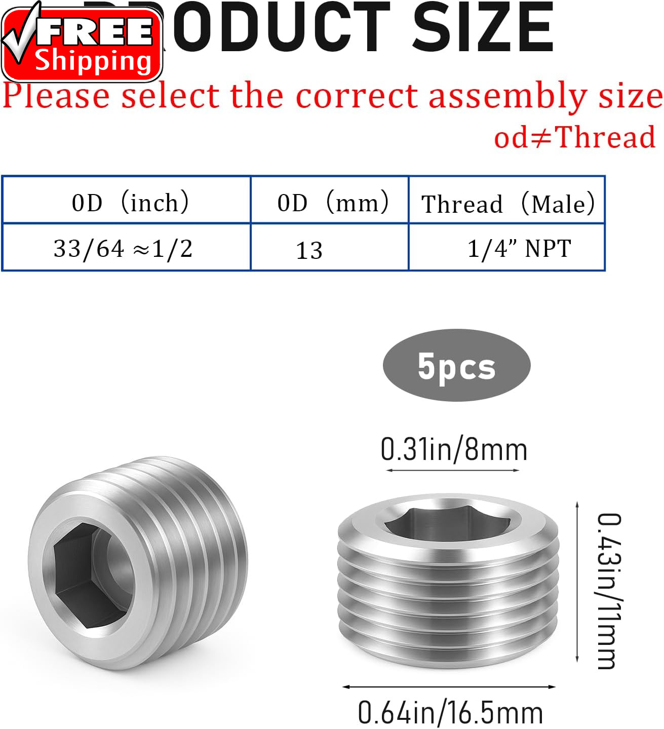 5 PCS 3/8″ NPT Male Pipe Plug Stainless Steel Pipe Plug Fitting Set Hex Counter