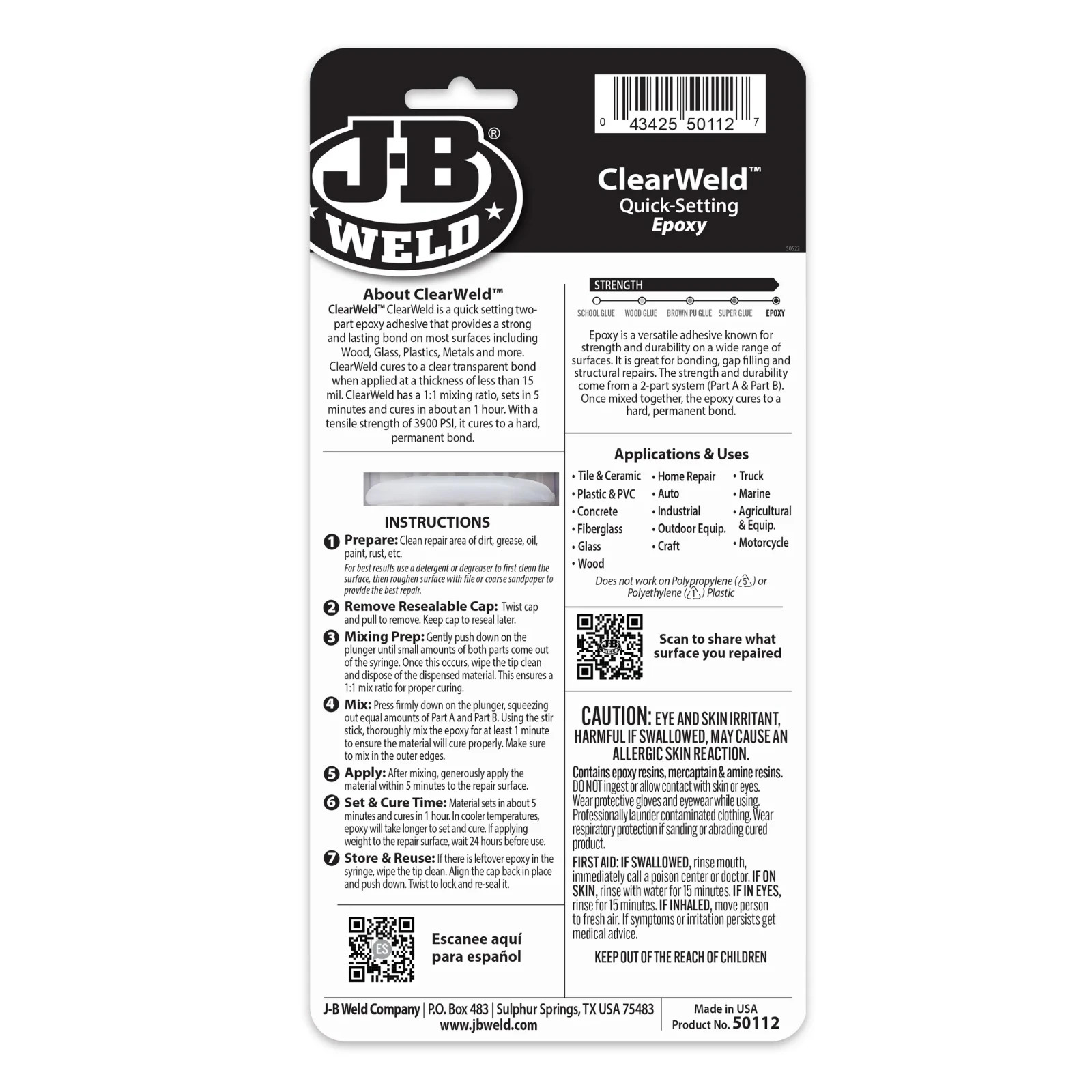 J-B Weld 50112 ClearWeld 5 Minute Set Epoxy Syringe – Clear – 25 ml, 25ml