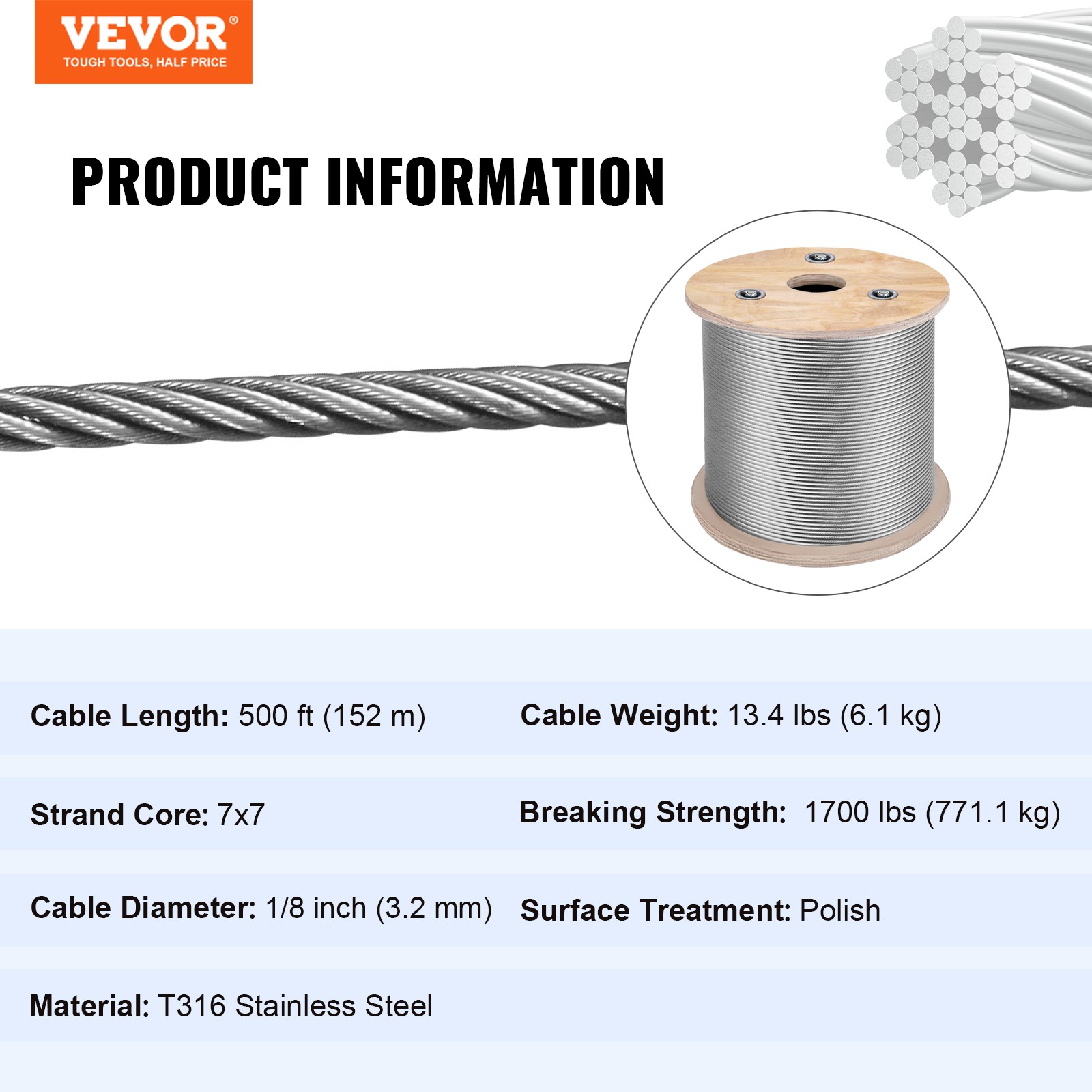 VEVOR T316 1/8″ Stainless Steel Cable 7×7 500FT Steel Wire Rope