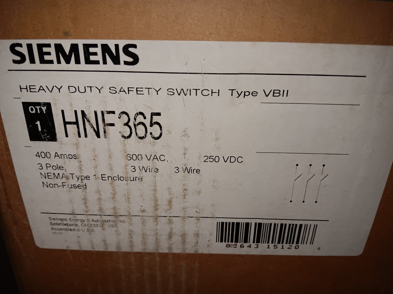 New Siemens HNF365 400 Amp Safety Disconnect Switch 3 Pole Non-Fused 600 VAC VDC