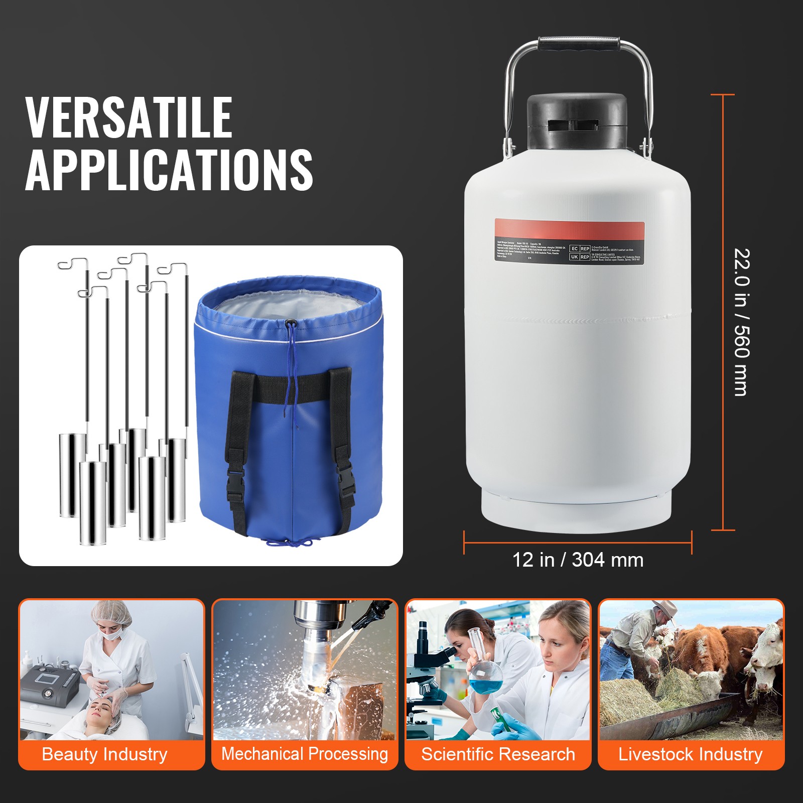 VEVOR Liquid Nitrogen Tank 10 L Aluminum Alloy LN2 Container Dewar 6 Canisters