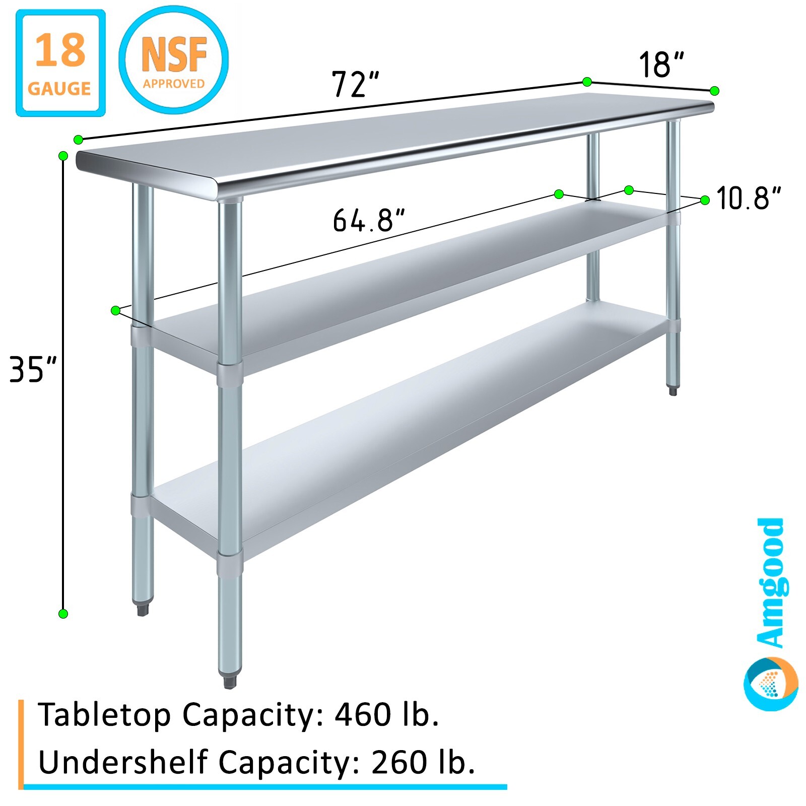 18 in. x 72 in. Stainless Steel Work Table with 2 Shelves | Metal Utility Table