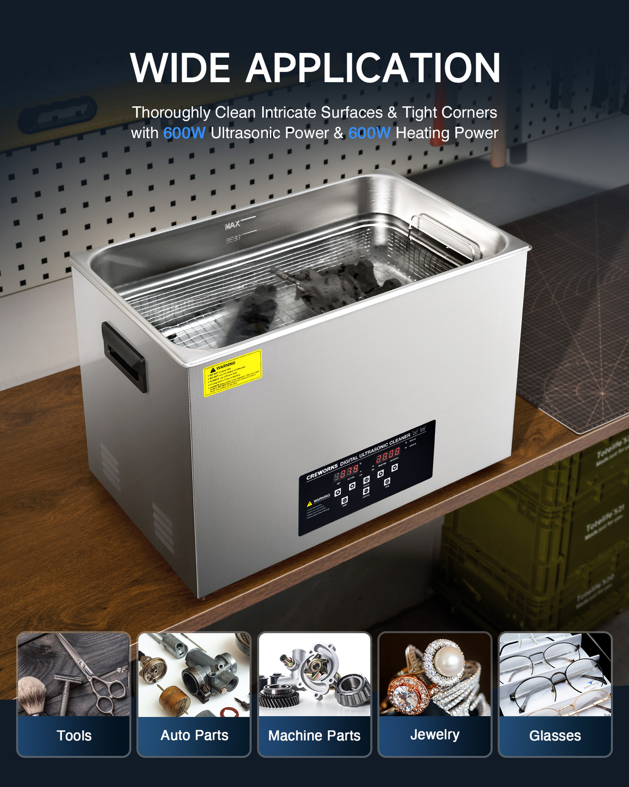 CREWORKS 30L Ultrasonic Cleaner with Control Panel 1-30 min. Timer & Degas Mode