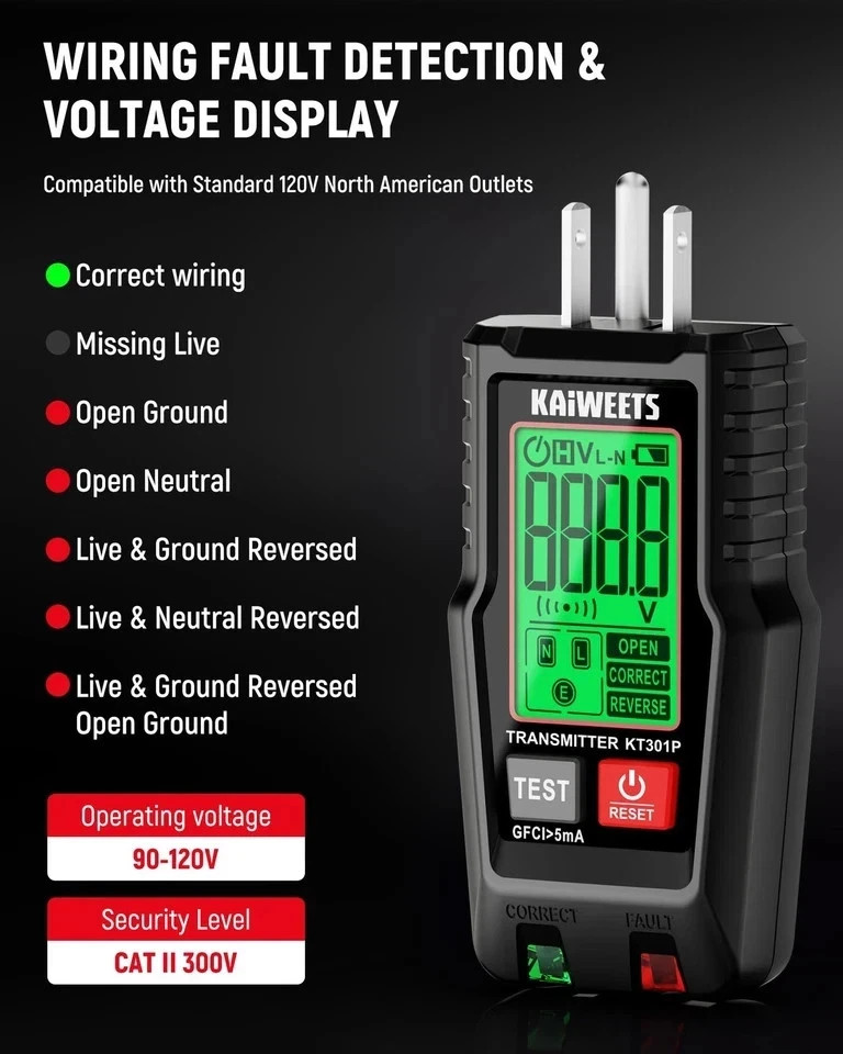 KAIWEETS LCD Ekranlı Devre Kesici Bulucu, NCV Test Cihazı ve Siyah Renk
