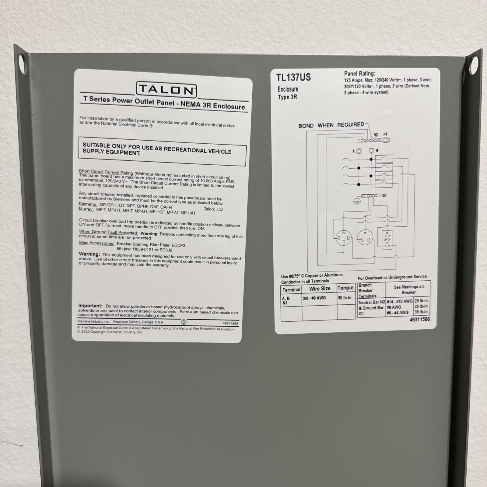 Siemens TL137US POWER OUTLET PANEL 125AMP MAIN LUG