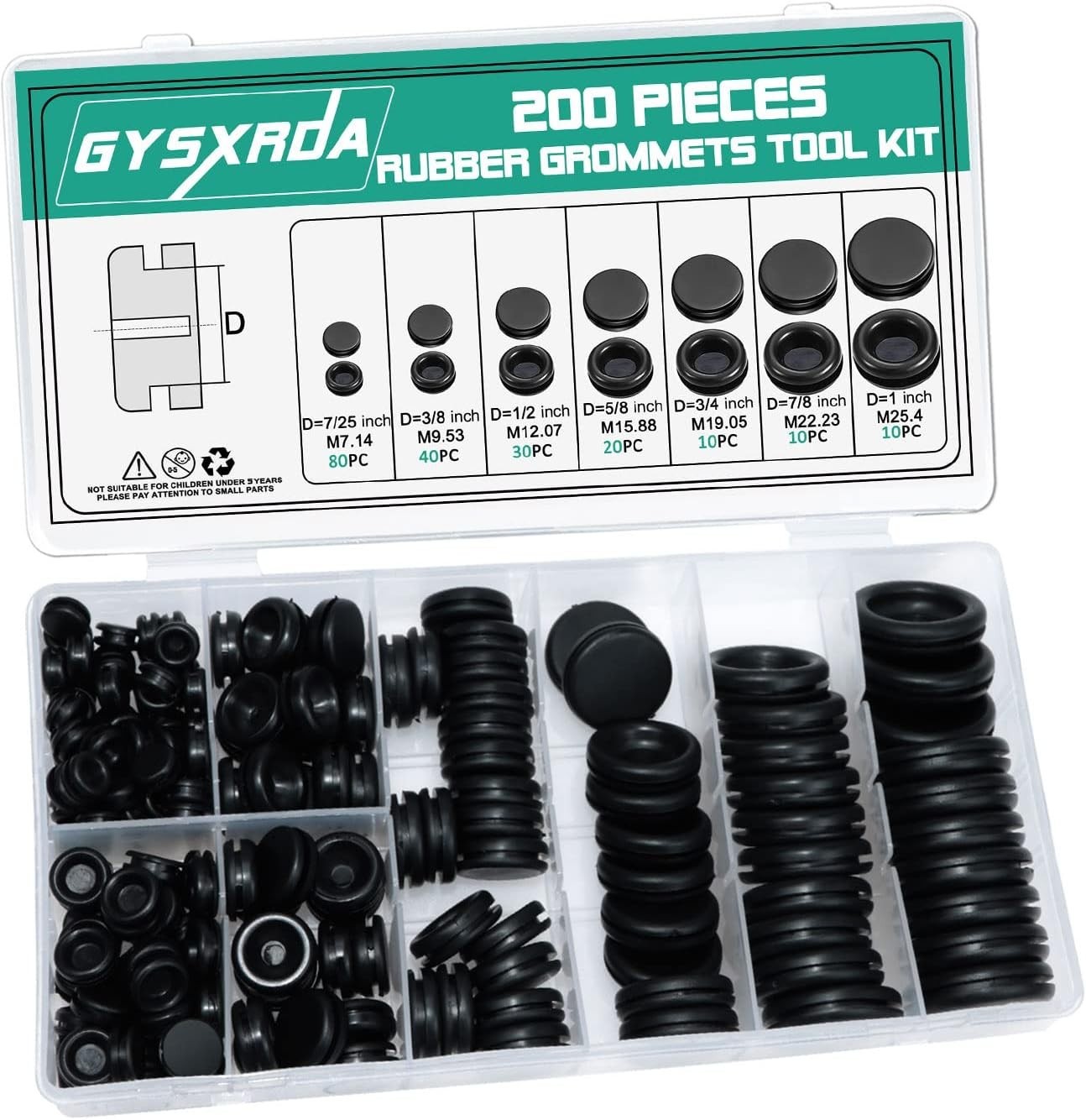 Rubber Grommet Kit 200 Pack – 7 Sizes Firewall Rubber Hole Plugs – Automotive, H